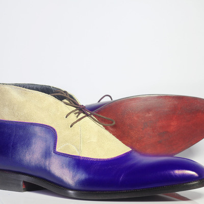 Handmade blue & beige lace up leather suede shoes for men's - Thumbnail 4