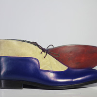 Handmade Blue & Beige Lace Up Leather Suede Shoes For Men's - Thumbnail 1
