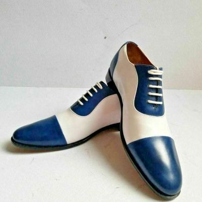 Handmade men’s leather lace up stylish shoes, men’s white blue cap toe stylish