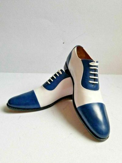 Handmade Men’s Leather Lace Up Stylish Shoes, Men’s White Blue Cap Toe Stylish