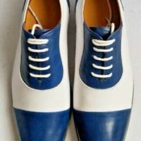 Handmade Men’s Leather Lace Up Stylish Shoes, Men’s White Blue Cap Toe Stylish - Thumbnail 1
