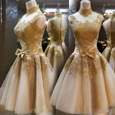 Elegant gold lace flower party dress with bow - Thumbnail 5