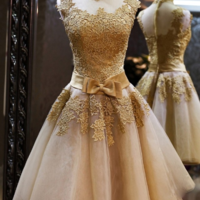 Elegant Gold Lace Flower Party Dress with Bow - Thumbnail 1