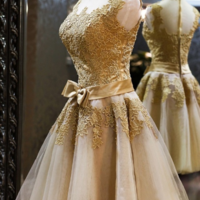 Elegant Gold Lace Flower Party Dress with Bow - Thumbnail 2