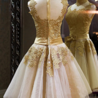 Elegant Gold Lace Flower Party Dress with Bow - Thumbnail 3