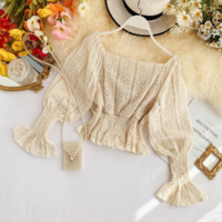Elegant Lace Crop Top Long Sleeve Blouse - Thumbnail 1