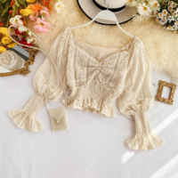 Elegant Lace Crop Top Long Sleeve Blouse - Thumbnail 4