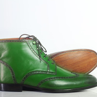 Handmade Men's Ankle High Green Wing Tip Leather Lace Up Boots - Thumbnail 2