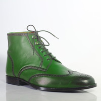 Handmade Men's Ankle High Green Wing Tip Leather Lace Up Boots - Thumbnail 3