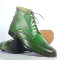 Handmade Men's Ankle High Green Wing Tip Leather Lace Up Boots - Thumbnail 1