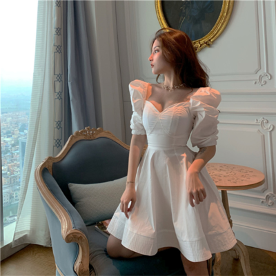 Sexy v neck puff sleeve mini dress - Thumbnail 4