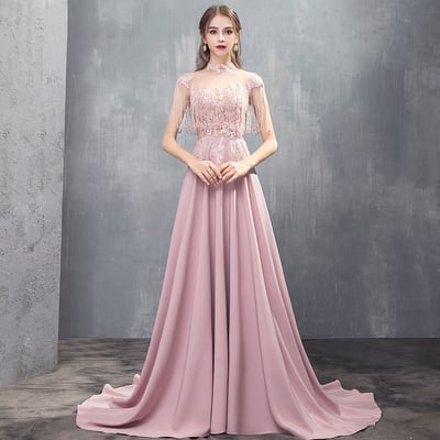 Pink lace beads long prom dress evening dress - Thumbnail 5