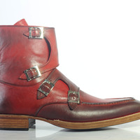 Handmade Men's Ankle High Burgundy Forth Monk Leather Boots - Thumbnail 2