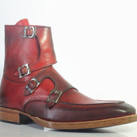 Handmade Men's Ankle High Burgundy Forth Monk Leather Boots - Thumbnail 1