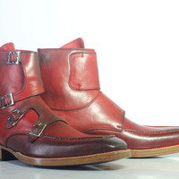 Handmade Men's Ankle High Burgundy Forth Monk Leather Boots - Thumbnail 3
