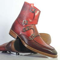 Handmade Men's Ankle High Burgundy Forth Monk Leather Boots - Thumbnail 4