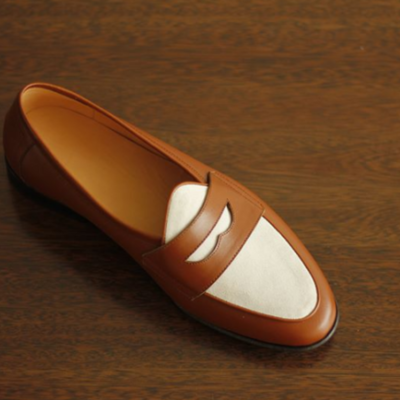 Handmade tan and white slip ons shoes, men moccasin dress shoes, penny loafers