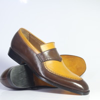 Handmade Blue & Tan Penny Loafers Leather Shoes For Men's - Thumbnail 1