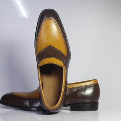 Handmade blue & tan penny loafers leather shoes for men's - Thumbnail 2