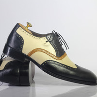 Handmade Multi Color Wing Tip Lace Up Leather Shoes For Men's - Thumbnail 1