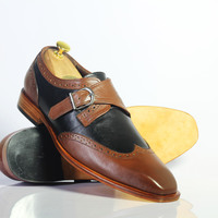 Handmade Brown & Black Wing Tip  Monk Straps Leather Shoes For Men's - Thumbnail 1