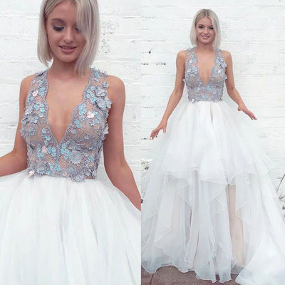 Deep v neck long prom dresses with appliques - Thumbnail 3