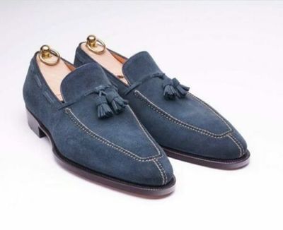 Handmade Men’s Suede Loafers Shoes, Men’s Navy Blue Color Slip On Split Toe Shoe