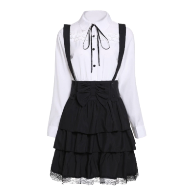 White and black vintage style lolita summer dress - Thumbnail 4