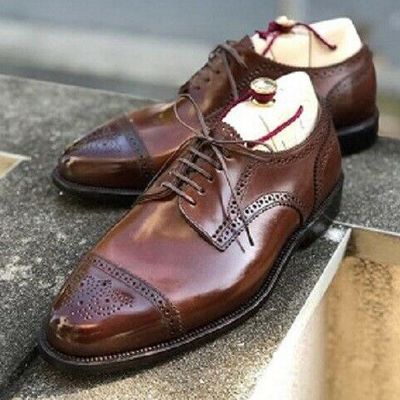 Handmade men’s leather lace up stylish shoes, men’s brown cap toe brogue stylish