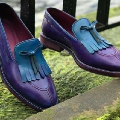 Handmade men’s leather loafers shoes, men’s purple split toe blue fringe slip on
