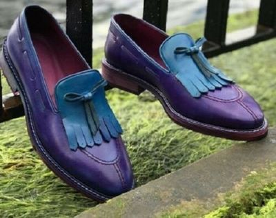 Handmade Men’s Leather Loafers Shoes, Men’s purple Split Toe Blue Fringe Slip On