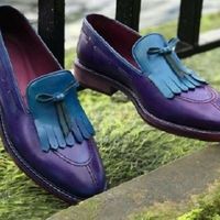 Handmade Men’s Leather Loafers Shoes, Men’s purple Split Toe Blue Fringe Slip On - Thumbnail 1