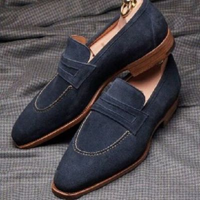Handmade men’s suede penny loafers shoes, men’s navy blue color slip on moccasin