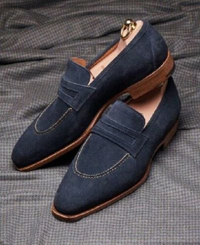 Handmade Men’s Suede Penny Loafers Shoes, Men’s Navy Blue Color Slip On Moccasin