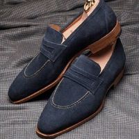 Handmade Men’s Suede Penny Loafers Shoes, Men’s Navy Blue Color Slip On Moccasin - Thumbnail 1
