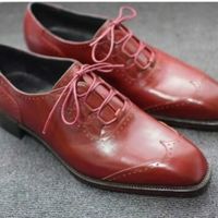 Handmade Men’s Leather Lace Up Stylish Shoes, Men Burgundy Color Wing Tip Style - Thumbnail 4