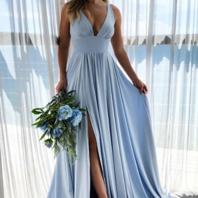 Elegant simple light blue v-neck long prom dresses with front split  - Thumbnail 3