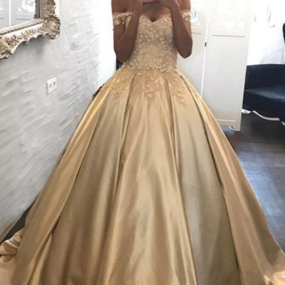 Off the shoulder floor length gold ball gown stain prom dress with appliques  - Thumbnail 4