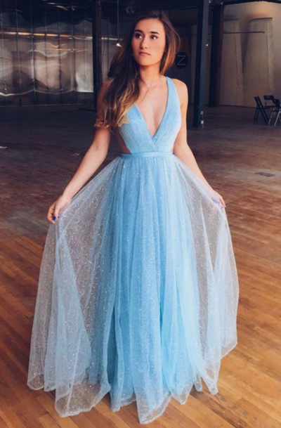 Stunning A Line Floor Length Deep V Neck Sleeveless Prom Dress 