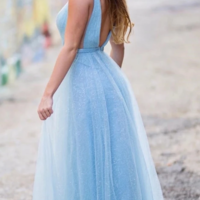 Stunning A Line Floor Length Deep V Neck Sleeveless Prom Dress  - Thumbnail 1