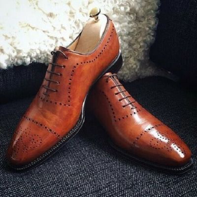 Handmade Men’s Leather Lace Up Stylish Shoes, Brown Cap Toe Brogue Stylish Shoes