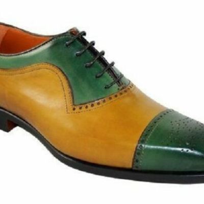 Handmade men’s leather lace up stylish shoes,tan green cap toe brogue stylish