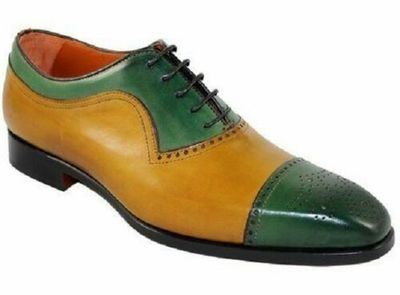 Handmade Men’s Leather Lace Up Stylish Shoes,Tan Green Cap Toe Brogue Stylish