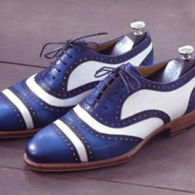 Handmade men’s leather lace up stylish shoes, blue white cap toe stylish shoes