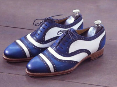 Handmade Men’s Leather Lace Up Stylish Shoes, Blue White Cap Toe Stylish Shoes