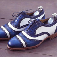 Handmade Men’s Leather Lace Up Stylish Shoes, Blue White Cap Toe Stylish Shoes - Thumbnail 1
