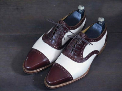 Handmade Men’s Leather Lace Up Stylish Shoes, Men’s Brown White Cap Toe Shoes
