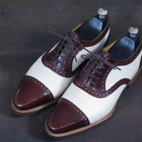 Handmade Men’s Leather Lace Up Stylish Shoes, Men’s Brown White Cap Toe Shoes - Thumbnail 4