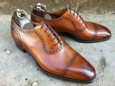 Men's Handmade Tan Oxford Brogue Lace Up Toe Cap Formal Dress Wedding Shoes
