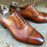 Men's Handmade Tan Oxford Brogue Lace Up Toe Cap Formal Dress Wedding Shoes - Thumbnail 1